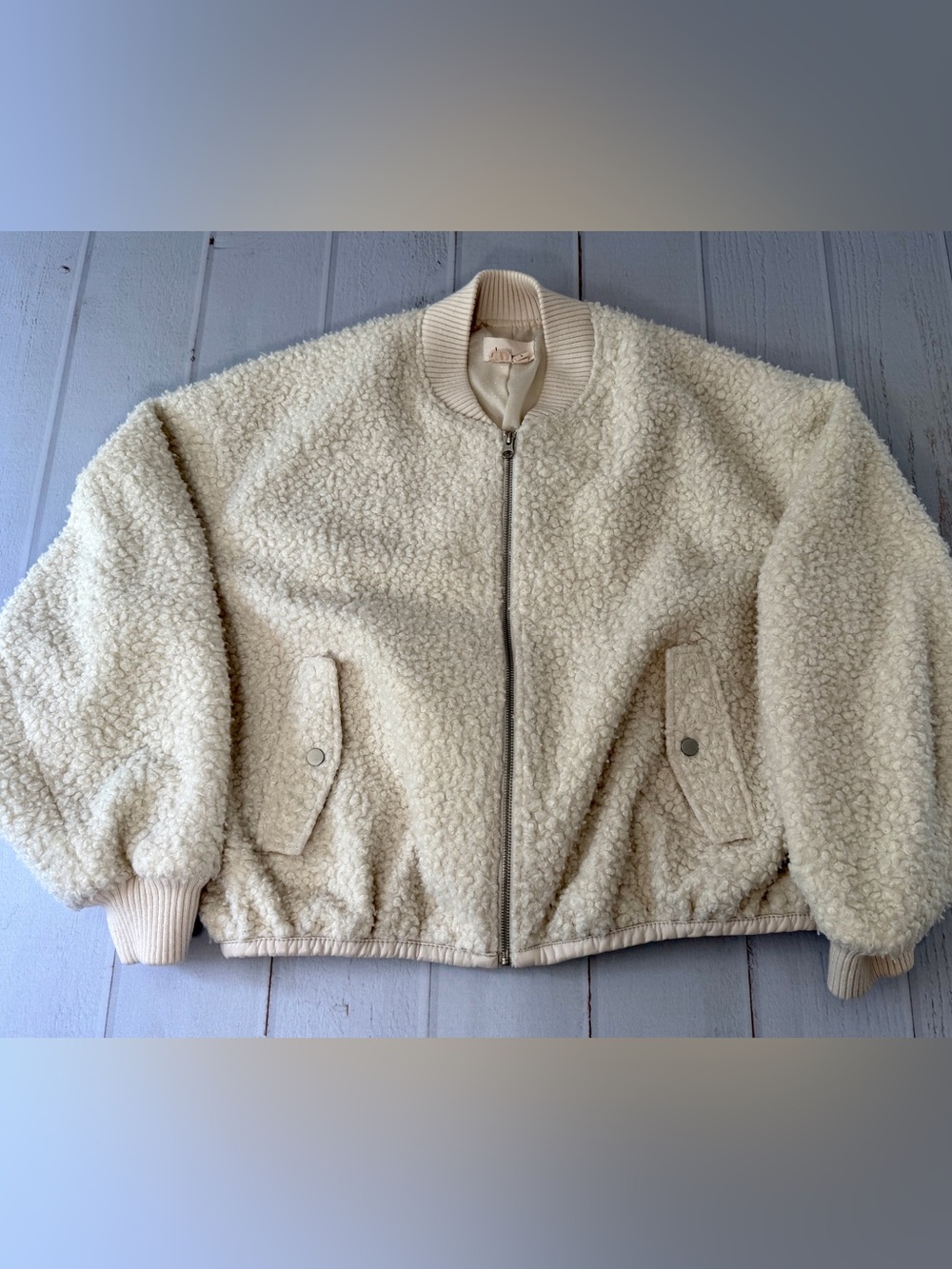 Anthropologie Womens Large Sherpa Jacket Cream Teddy Fleece Cropped Zip Coat - Picture 6 of 14